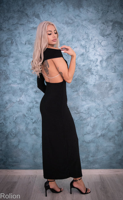 Rochie Neagră Elegantă cu Lanț la Spate, Strânsă pe Corp