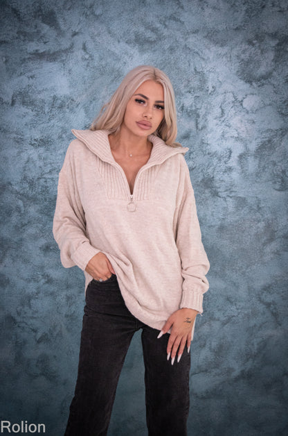 Pulover Damă Lejer cu Guler și Fermoar – Bej