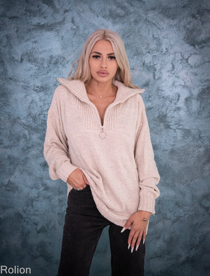 Pulover Damă Lejer cu Guler și Fermoar – Bej