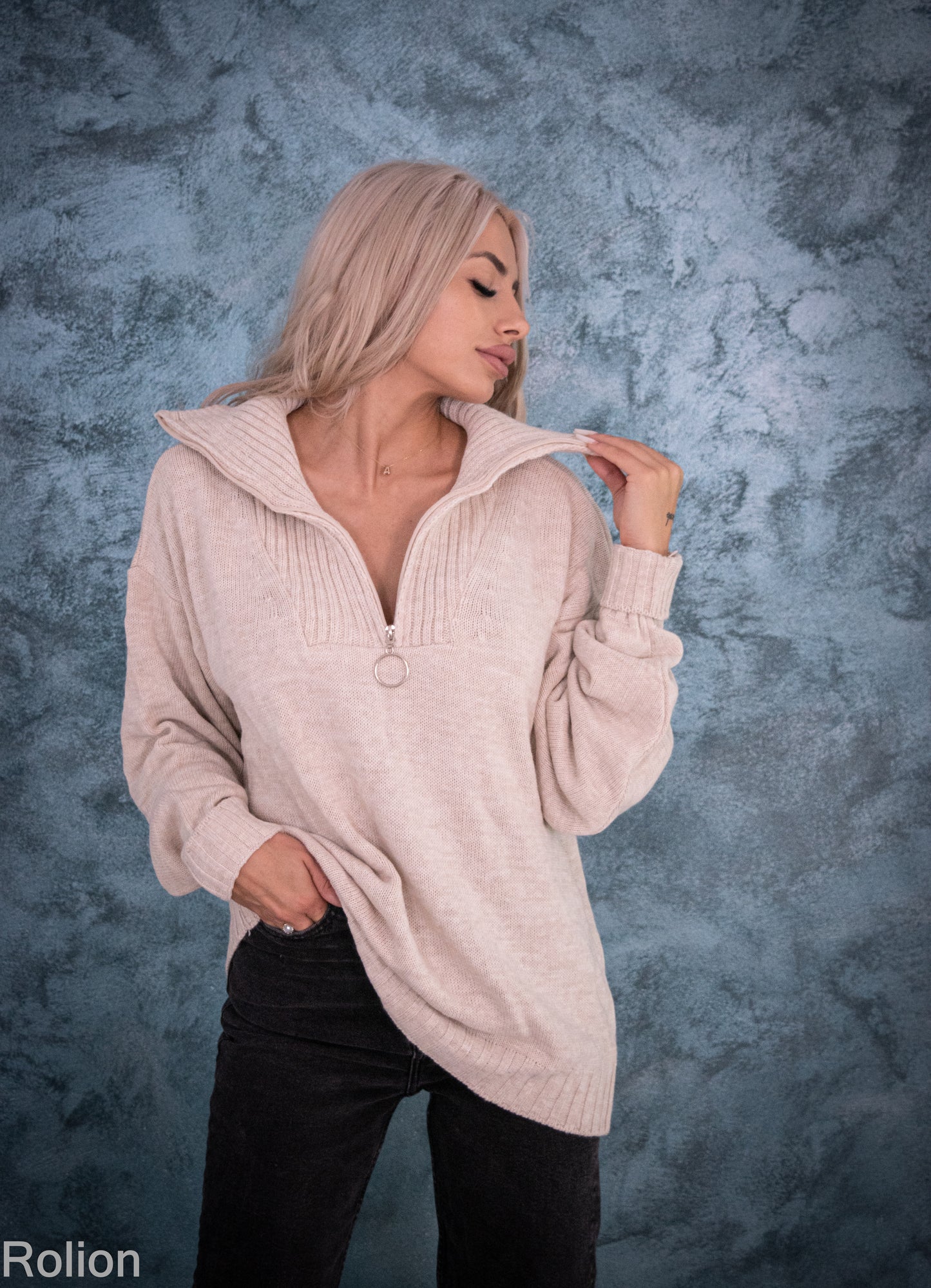 Pulover Damă Lejer cu Guler și Fermoar – Bej