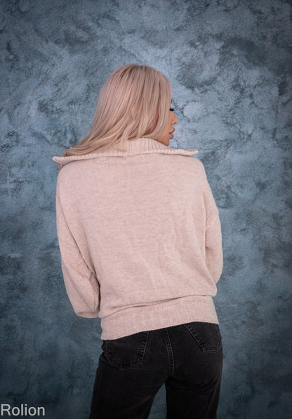 Pulover Damă Lejer cu Guler și Fermoar – Bej