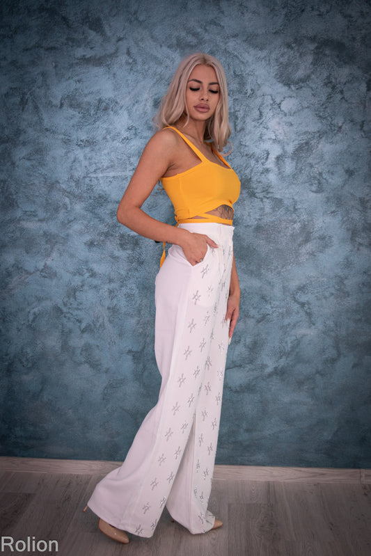 Pantaloni Damă Albi cu Talie Înaltă și Detalii Strălucitoare